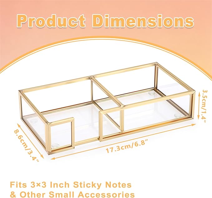 BTSKY Golden Glass 2 in 1 3x3 Inch Sticky Note Holder, Elegant Post It Note Dispenser Paper Clip Holder with Non-Slip Pads Clear Notepad Holder for Desk Organization Planning, Home Office Decor