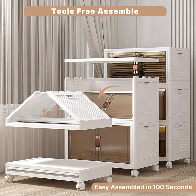 UAMFURI Extra Large Stackable Storage Bins with Lids & Wheels, 504QT-168QT/42GAL*3Pack Foldable Collapsible Closet Organizers Storage Cabinet with Doors for Bedroom Dorm