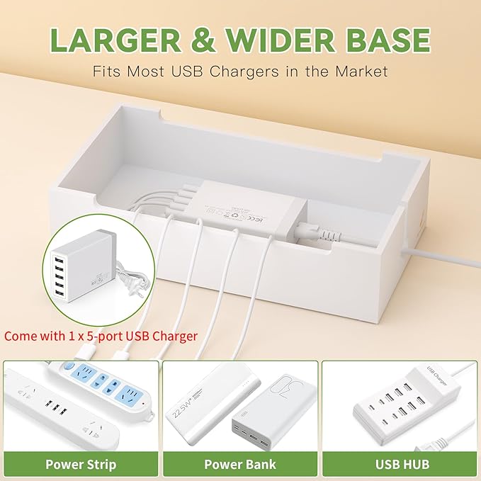 Pezin & Hulin Bamboo Charging Dock Station for Electronic Devices, Docking Organizer for Phone and Tablets, Smart Watch, Earbuds, Power Strip Box (Included 5-Port USB Charger and 6 Cables) -White