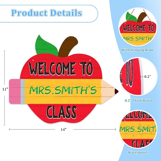 WaaHome Teacher Door Sign for Classroom - 11"x14" Welcome to Our Class Sign Personalized Teacher Name Door Hanger for Classroom Decorations