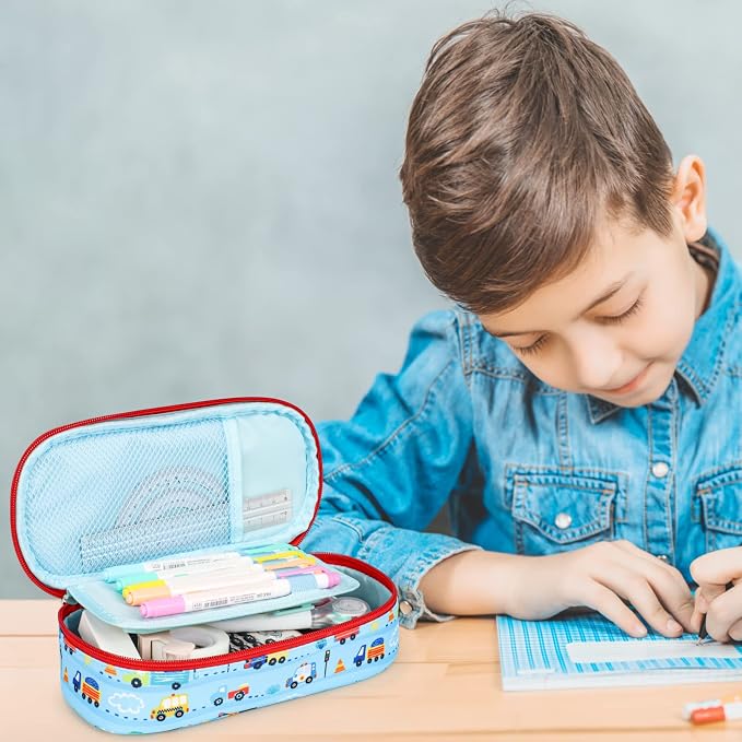Cambond Cute Pencil Case for Boys - School Pencil Pouch Kids, Blue Cars | Pencil Case for Kids Big Capacity Organizer Bag for Staionary, Aesthetic School Supplies Boys,Water-Resistent Pen Bag