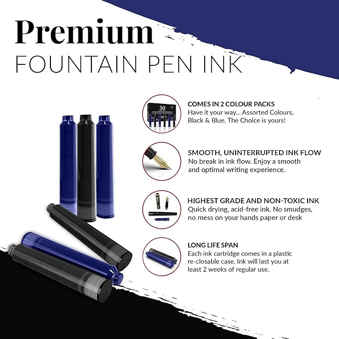 SCRIVI PENS Fountain Pen Ink Refills - Set of 30 Black & Blue Ink Cartridges - International Standard Size - Length APPR 2.04 Inch - Base Diameter APPR 0.24 Inch - Disposable and Generic
