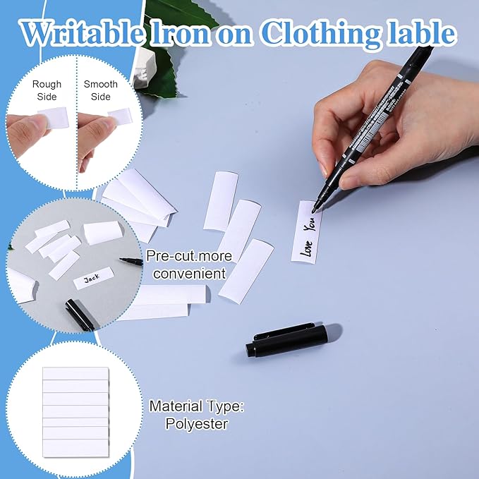 100pcs Iron on Name Tags for Clothing,Clothing Labels with 2pcs Black Marker Pen,Fabric Labels Name Tags for Daycare, Nursing Home, Camp, School, Laundry