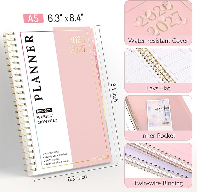 Teacher Planner 2026-2027, Forvencer Academic Planner 2026-2027, Jul 2026 - Jun 2027, 6.3" x 8.5", Weekly & Monthly Planning Book with 7 Periods, School Agenda for Teacher Student Homeschool, A5,Pink