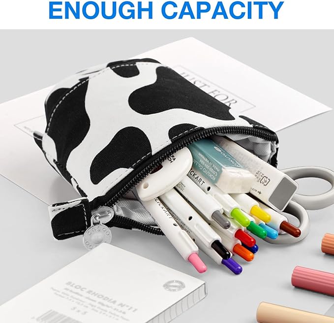 Cute Standing Pencil Case for Kids, Pop Up Pencil Box Makeup Pouch, Christmas Gift Kids Canvas Pen Holder Organizer Cosmetics Bag, Kawaii Stationary (Cow Print)