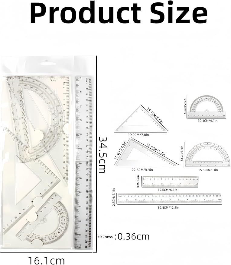 1 Set Clear Math Set, Plastic Protractor Triangle Rulers 12 Inch Straight Geometry, Transparent Measuring Tool for School Office Home Supplies