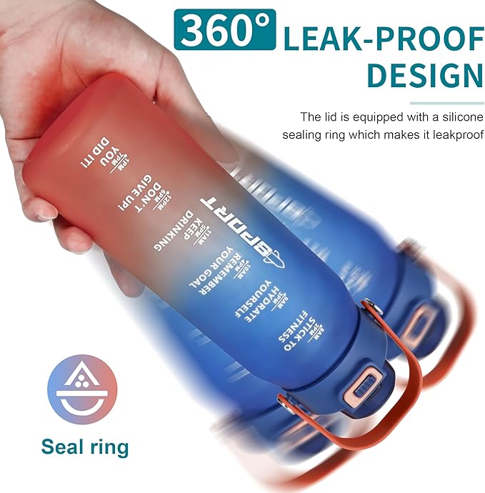 Gulex Motivational Water Bottle 32oz with Time Marker- Leakproof & BPA Free Sports Water Bottle with Straw & Carry Strap for Gym, Travel and Outdoor Sports (Blue/Orange Gradient)