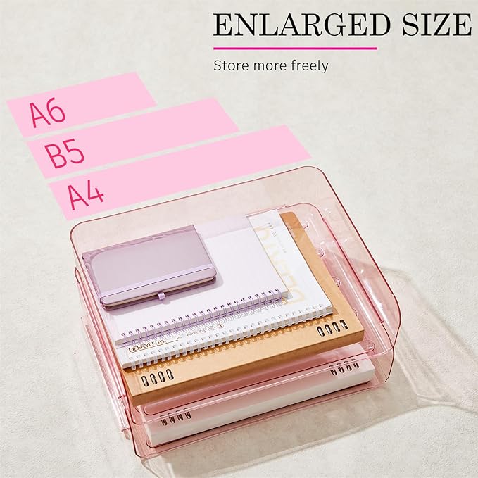 Harloon 4 Tier Pink Acrylic Paper Organizer 13 x 9.8 x 3 Inches Letter Tray Desk File Organizer Stackable Documents Clear Letter Paper Holder Office Tray for A4, Office Home File Desktop Storage