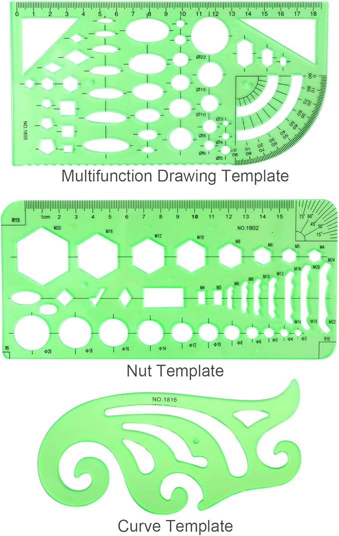 11PCS Geometric Drawings Templates, Drafting Stencils Measuring Tools, BetyBedy Plastic Clear Green Ruler Shapes with a Zipper Bags for Architecture, Office, Studying, Designing and Building