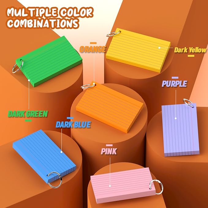 Colored Index Cards with Ring, 300 Count Punched NoteCards 3x5 Lined, 6 Colors Flash Cards with Rings, Bright Colors Index Cards 3x5, Lined Note Cards 3 x 5 for Office, College, and School Supplies