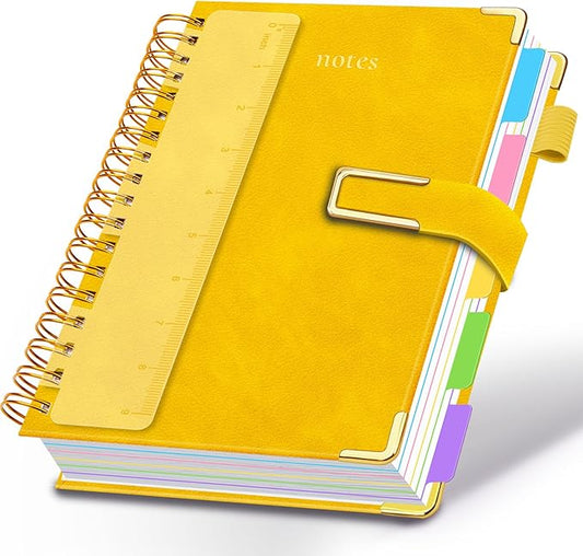 Hardcover Spiral Notebook College Ruled, 8"x10" Leather Journal Notebook with Magnetic Closure, 300 Pages 5 Subject Notebook with Dividers Tabs Journal for Women Men, Work, School(Yellow)