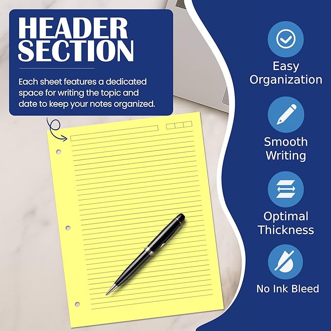 Light Yellow College Ruled Filler Paper – 8.5" x 11", 100 Sheets, 80gsm, 3-Hole Punched, Acid-Free – Pastel Binder Refill for School, Office & Note Organization