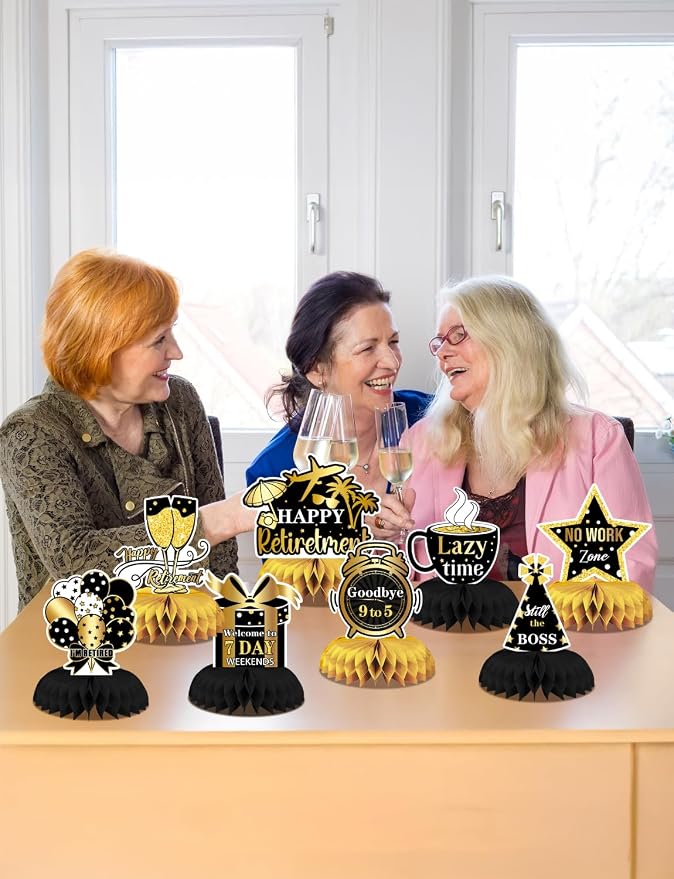 Retirement Table Decorations - Black and Gold Retirement Decorations 9Pcs Retired Honeycomb Centerpieces Table Toppers for Goodbye Farewell Party Supplies for Men Women, Photo Booth Props
