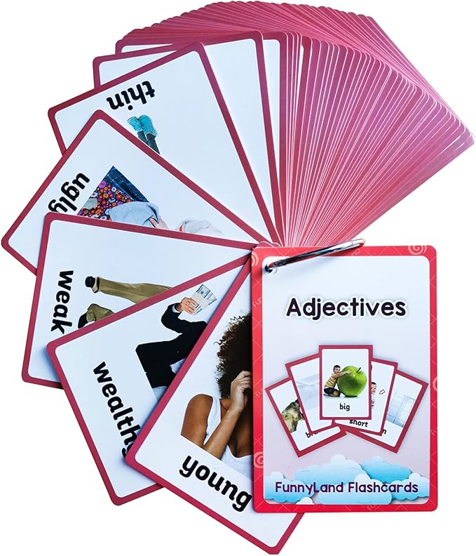 Lilias Adjectives Flash Cards, Toddler Learning Toys, Preschool Learning Toys, Homeschool Supplies, Learning Supplies for Kindergarten, 4.3 X 3.14 Inch, 48 Cards in Set