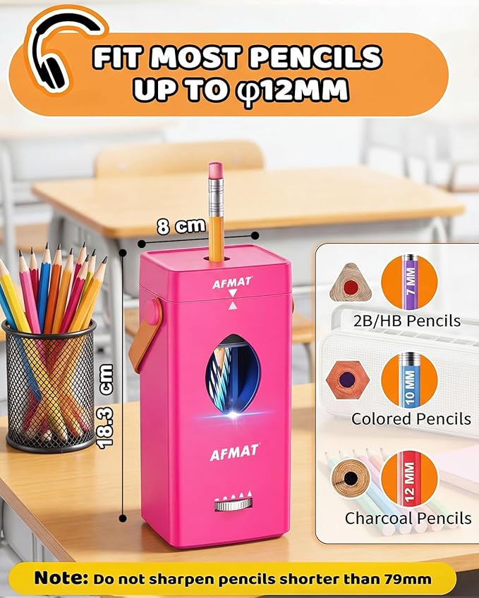 AFMAT Electric Pencil Sharpener, Fully Automatic Pencil Sharpener for 6-12mm No.2/Jumbo Pencils, Auto in & Out, 5 Sharpness Modes, Rechargeable Heavy Duty Sharpeners for Classroom/Home/Office PSC7