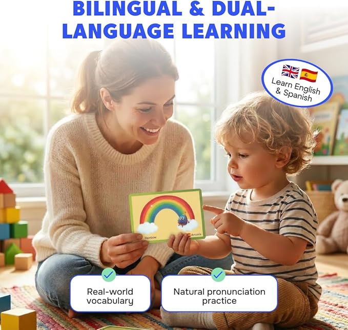 Kidrox 100 First Words Flash Cards for Toddlers, English with Spanish Learning Cards, Preschool Vocabulary & Speech Development Toy with Peek-a-Boo Sleeve for Memory Enhancement & Pattern Recognition