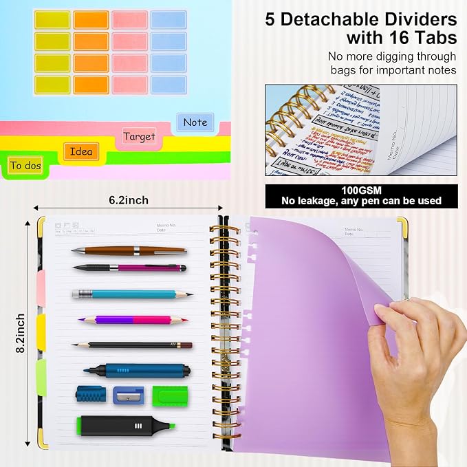 Spiral Journal Notebooks for Work, 300 Pages 5 Subject Notebook College Ruled with Dividers & Tabs, A5 Notebook Journal for Women Students Note-Taking and Organizer (Midnight Marble)