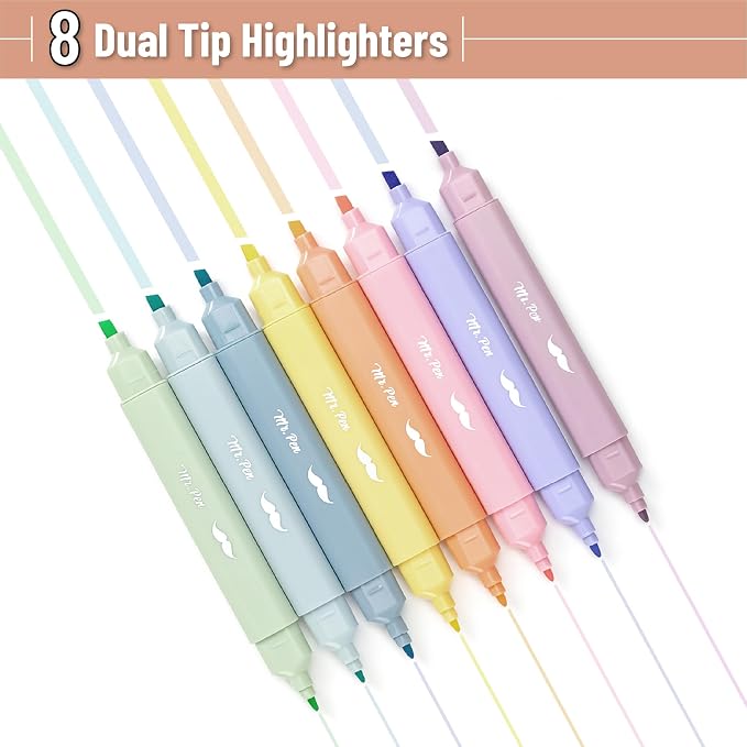 Mr. Pen- Aesthetic Highlighters No Bleed Through, Assorted Color, 8pcs | Dreamfield, Dual Tip for Journaling Supplies and School Accessories, Cute Highlighter, Bible Highlighters, No Bleed
