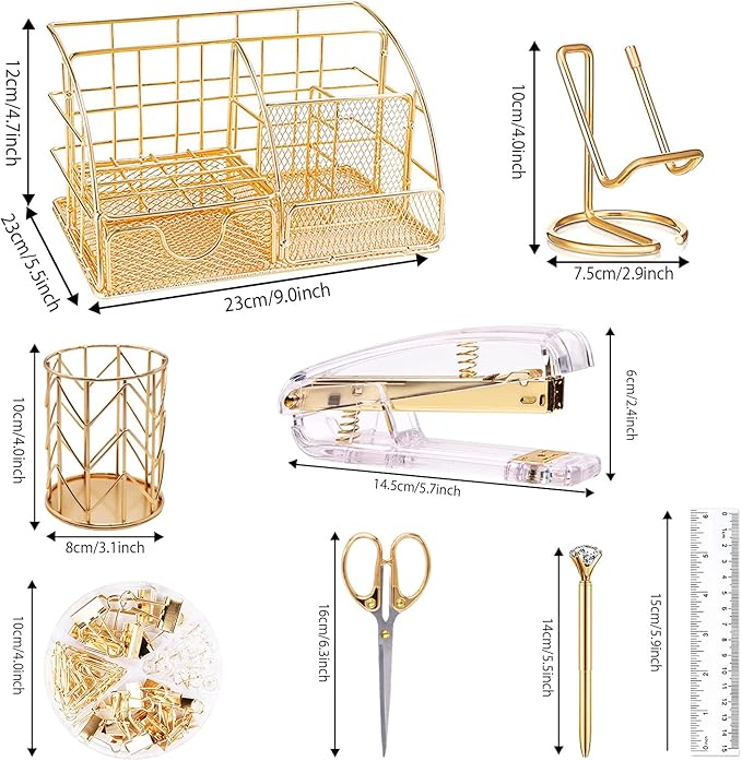 KAAKOW Gold Desk Organizers and Accessories Office Supplies Set Stapler, Pen Holder, Phone Holder, Scissors, Pen, Ruler, 30 Paper Clips, 22 Binder Clip, 20 Tacks and 1000pcs Staples (Gold)