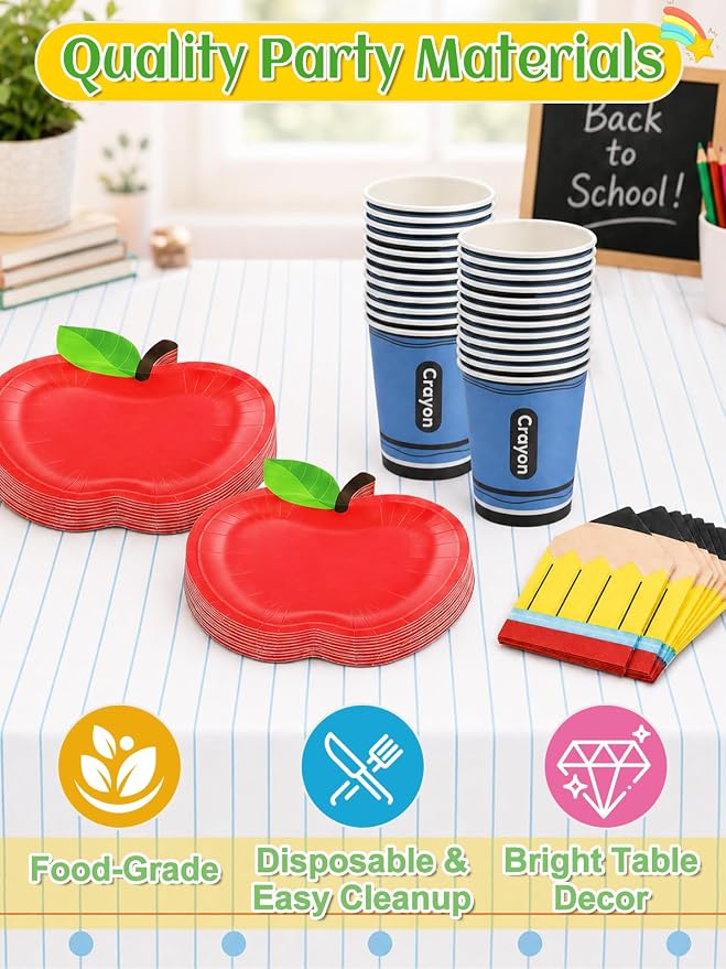 Alphatool Back to School Party Tableware Decoration Set Serves 24 Guests | 24 Set Paper Plates Pencil Napkins Cups, 2 Pcs Tablecloths and Banners for First Day of Preschool