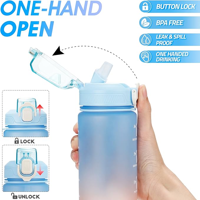 YC Kitchen Motivational Water Bottle with Time Marker- 32oz Water Bottles with Times to Drink, Leakproof & BPA Free Sports Water Bottle with Straw & Carry Strap for Fitness, Gym, and Outdoor Sports