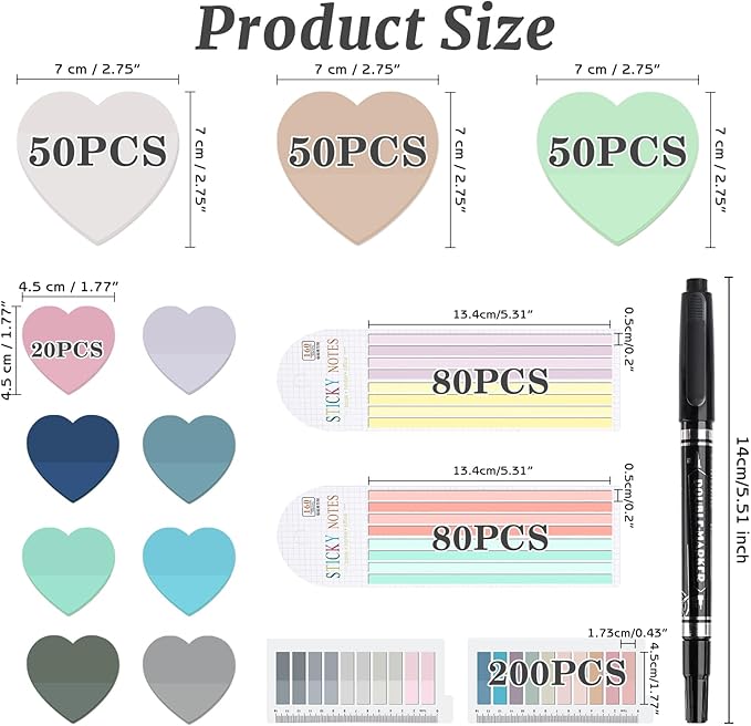 870 Sheets Transparent Sticky Notes, Clear 3 x 3 Heart Sticky Notes with Marker, Waterproof Translucent Annotation Index Tabs for Bible Study Journaling Supplies