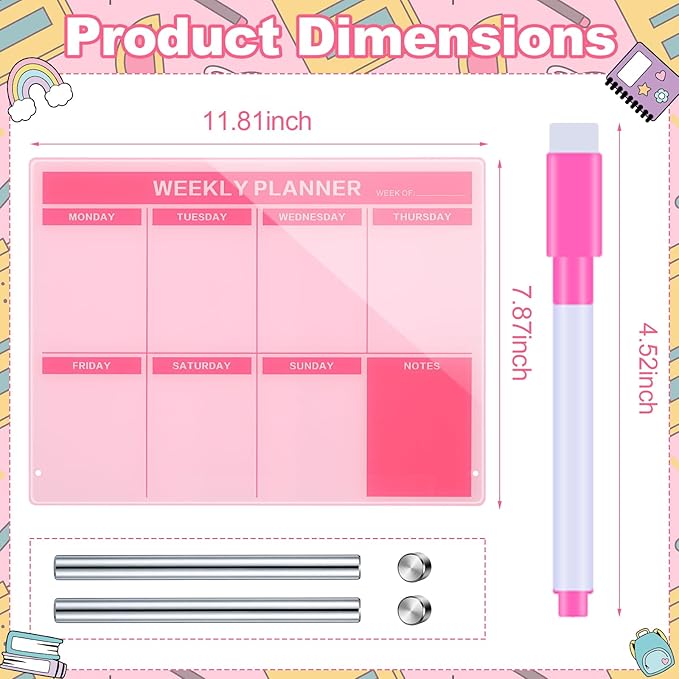 Desktop Acrylic Weekly Planner Board Acrylic Calendar Dry Erase Board with Stand to Do List Planner Boards with Daily Schedule and Markers for Family Home Office(Pink)