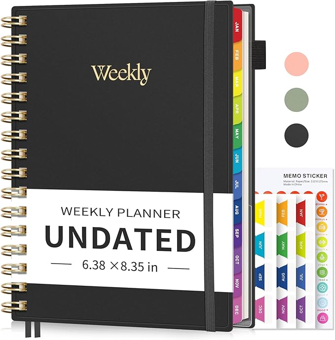 EMSHOI Undated Planner, Weekly and Monthly Calendar, 53 Weeks and 12 Months, A5 (6.38" x 8.35"), 100GSM Thick Paper, PVC Cover, Monthly Tabs, Note Pages, Start Anytime