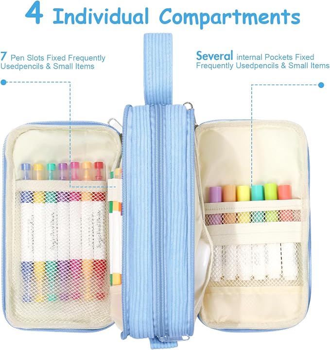 BuyCard Blue Large Capacity Corduroy Pencil Case, Casual Style, Zipper Pouch Organizer for Teen Girls, Boys, Women and Men