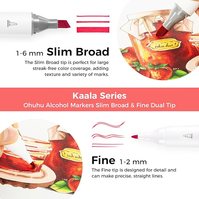 Ohuhu Alcohol Markers - Double Tipped Art Marker Set for Artists Adult Coloring - Alcohol-based Refillable Ink - 24 Basic Colors - Slim Broad & Fine Dual Tips - Kaala Markers Pen Gift