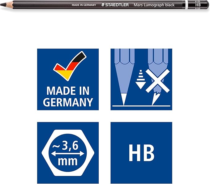 STAEDTLER Mars Lumograph Black Drawing Pencils Set: 6 Pack – Carbon Blend for Deep Black Tones, Professional Artists Pencils, 8B–HB Grades, Storage Tin, For Sketching, Shading & Fine Art Drawing