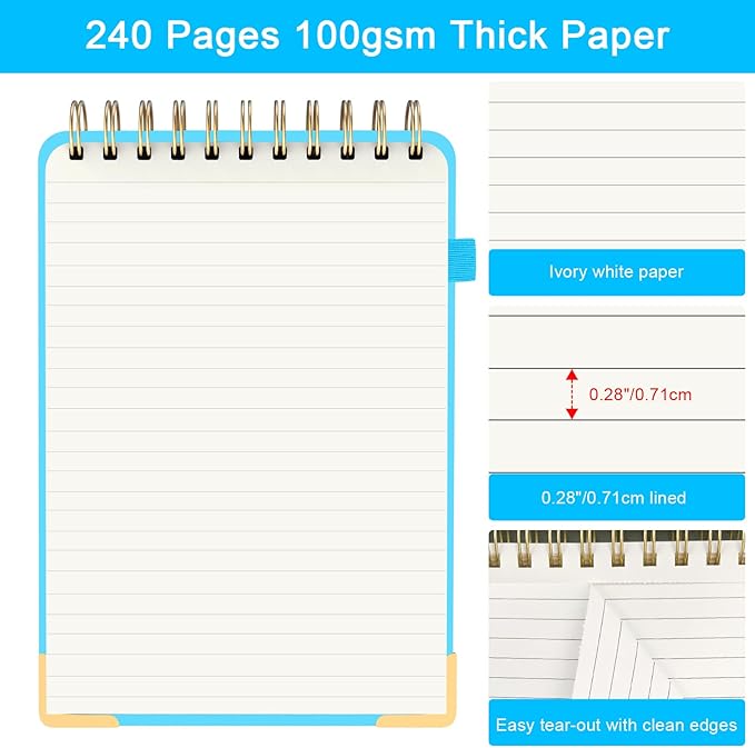 Top Spiral Notebook, A5 Hardcover Top Bound Steno Pads, 240 Pages 100gsm College Ruled Left Handed Notebook Journal for Work, School, Meeting Writing - Blue, 5.9" x 8.5"