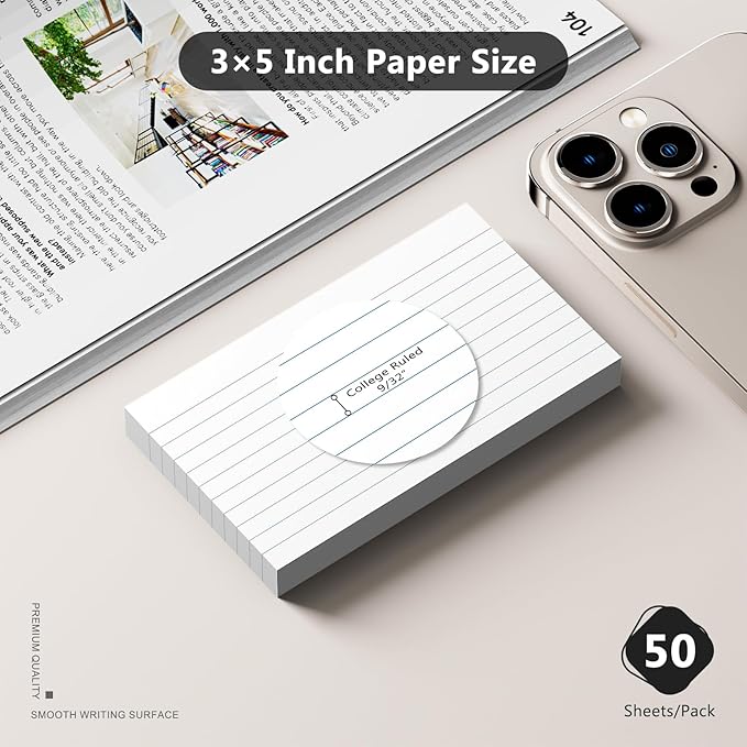 250 Count Index Cards 3 x 5 Inch, Thick White Lined Note Cards Portable Ruled Flash Cards Perfect for Studying and Organizing, Note Taking Study Flashcards for Home, School and Office