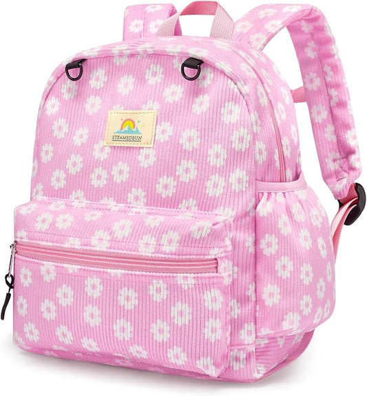 STEAMEDBUN Corduroy Toddler Backpack for Girls 2-4: Kids backpack for Boys Girls - 12 inch Preschool Kindergarten Backpacks - Pink Daisy