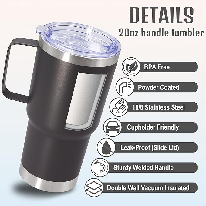 20 oz Tumbler with Handle and Lid, Stainless Steel Tumbler Insulated Travel Coffee Mug, Spill Proof Double Wall Vacuum Tumbler Cup Keep Drink Hot & Cold, Grey, 6 Pack
