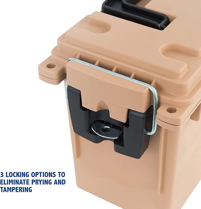 Sheffield 12627 Ammo Storage Box, Stackable .30 Cal Field Boxes, Water and Dust Resistant, Lockable Storage Box with Handle, Secures Hunting Gear, Supplies, and Bullets, Made in USA, Tan, (Pack of 6)