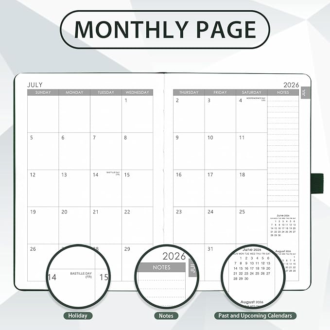 2026-2027 Planner - Academic Planner 2026-2027 Weekly Monthly Planner, July 2026 - June 2027, 5.7'' x 8.4'', Thick Paper, Leather Cover, Pen Holder, Back Pocket, Perfect Daily Organizer - Dark Green