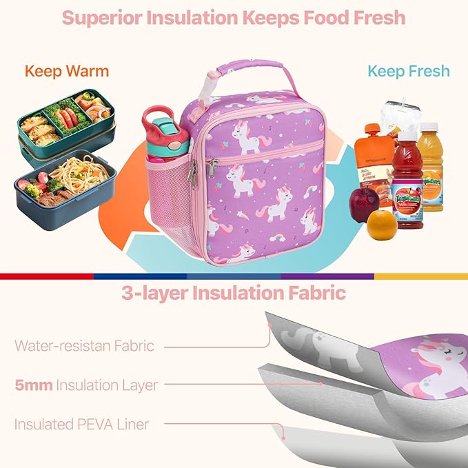 Bagseri Kids Lunch Box for Girls - Insulated Toddler Lunch Bag Fits Bento Box, Reusable Daycare Cooler Tote with Clip Handle, Water-Resistant Lining, Purple Cute Unicorn