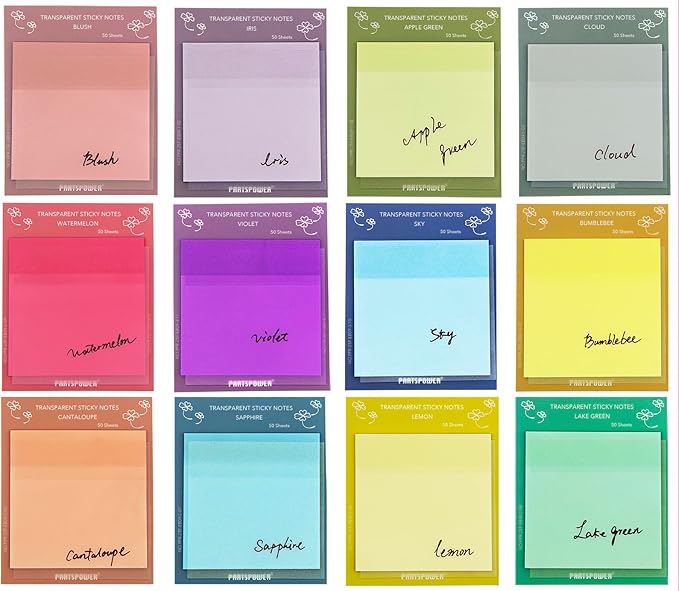 PARTSPOWER Super Transparent Sticky Notes, Jewel Tones 3X3 Inch 12 Packs See Through Annotating Sticky Notes for Annotating, Bible Study Supplies, Office School Supplies, 3 Sets 12 Pads