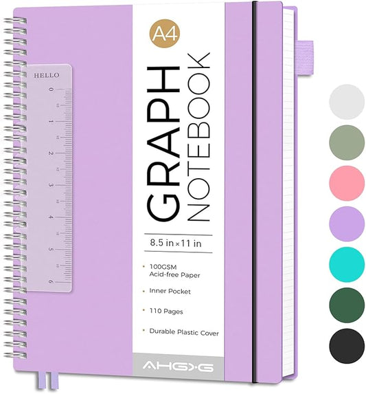 AHGXG Graph Paper Notebook - Spiral Notebook 8.5" x 11", A4 Large Graph Notebook, 100 gsm Thick Grid Paper, Waterproof Plastic Cover Journals for School Writing Engineering Math, Purple