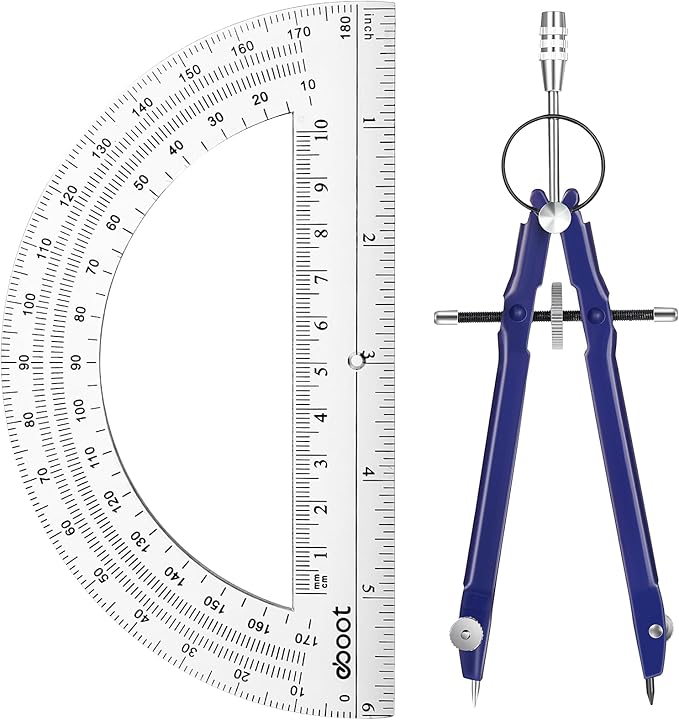 EBOOT Student Geometry Math Set, Metal Drawing Compass and 6 Inch Clear Swing Arm Protractors 180 Degree Math Protractor(Blue)