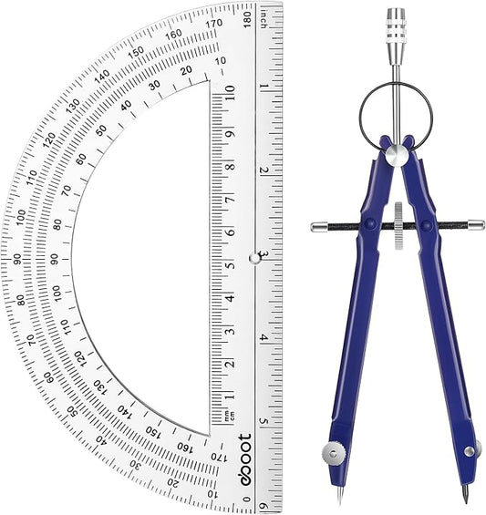 EBOOT Student Geometry Math Set, Metal Drawing Compass and 6 Inch Clear Swing Arm Protractors 180 Degree Math Protractor(Blue)