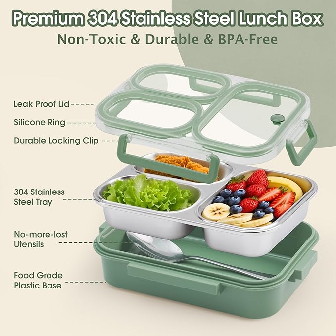 Kabbas Stainless Steel Bento Box Kids & Adults - 25 oz Leakproof Lunch Box with 3 Compartments, Premium 304 Stainless Steel Lunch Box for Kids, Dishwasher Safe, Suitable for School, Office, Outside
