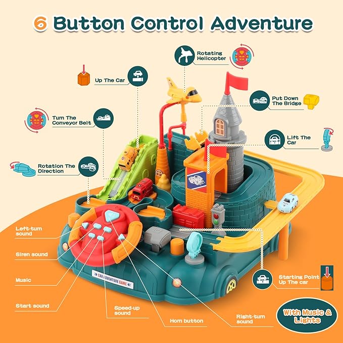 2026 Upgraded Car Adventure Toy for 3 4 5 6 Year Old Boys Girls, Race Track Toy with Steering Wheel & Sound, Montessori STEM Toys for Toddlers, Fine Motor Skills Birthday Gift for 3-5 Year Old Kids