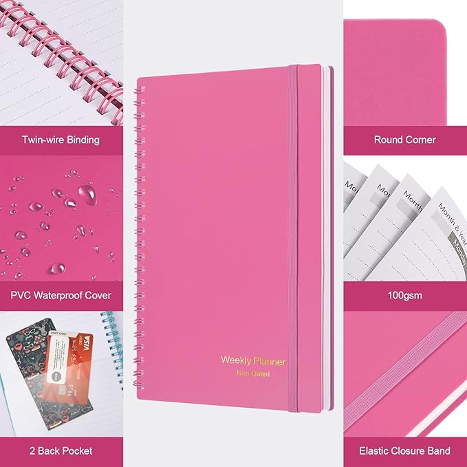 Planner, Asten Undated Weekly Planner Goal Planner Notebook, To Do List Planners Spiral Planner for Men and Women,PVC Hardcover,Elastic Closure, Inner Pocket 8.3" x 5.8" (Pink)