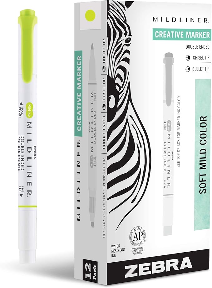 Zebra Pen Mildliner Dual-Tip Highlighters, Broad and Fine Tips, Ideal for Bible Highlighting, No Bleed, School Supplies, Teacher Supplies and Office Supplies, Mild Citrus Green Ink, 12-Pack (78450upc)
