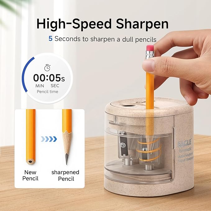 Eagle Electric Pencil Sharpener, Battery or USB Operated, Dual Holes, Dual Blades, fit for Pencils of Size 6-8mm and 9-12mm (Stramineous)
