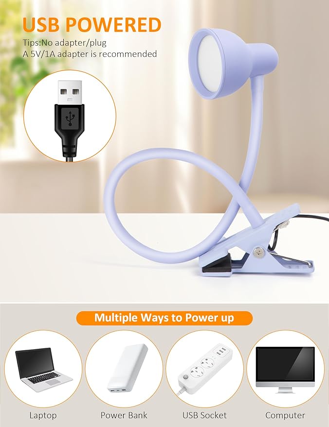 Clip on Lamp USB Reading Light, 3 Color Modes, 10 Brightness Dimmable, Flexible Gooseneck Desk Lamp with Clamp, Eye Care Clip on Light for Bed Headboard Desk Home Dorm Purple