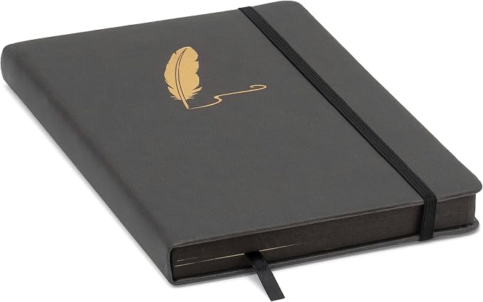 EVERLINEA 5.6” x 8.3” Embossed Quill A5 Hardcover Notebook, 240 Lined Pages, Black Graphite