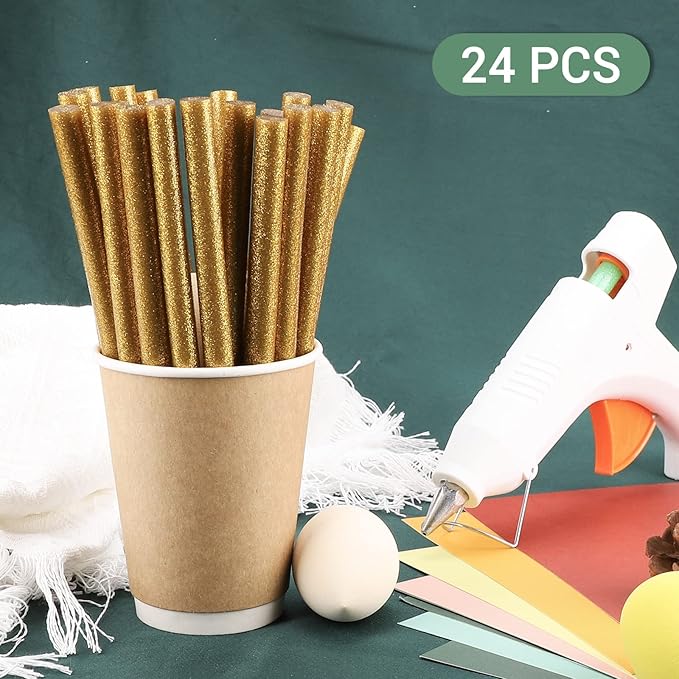 Glitter Gold Hot Glue Sticks, Manarty 8" Long x 0.43" Dia Full Size Hot Melt Glue Sticks Colored, High and Low Temp Adhesive Glue Sticks Large for Crafting, DIY, Decoration, Sealing Wax Stamp, 24 PCS